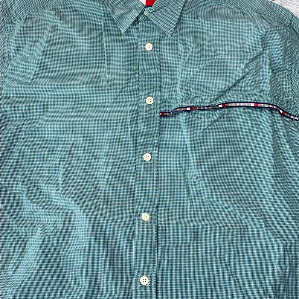 Vintage Tommy Hilfiger Button Front Short Sleeve Shirt Mens Large Blue/Green - Picture 2 of 8